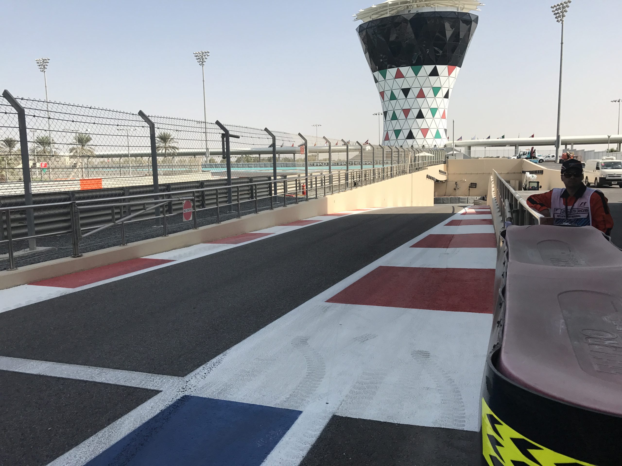 Pit lane exit at Yas Marina Circuit, Abu Dhabi, during the 2016 Grand Prix weekend